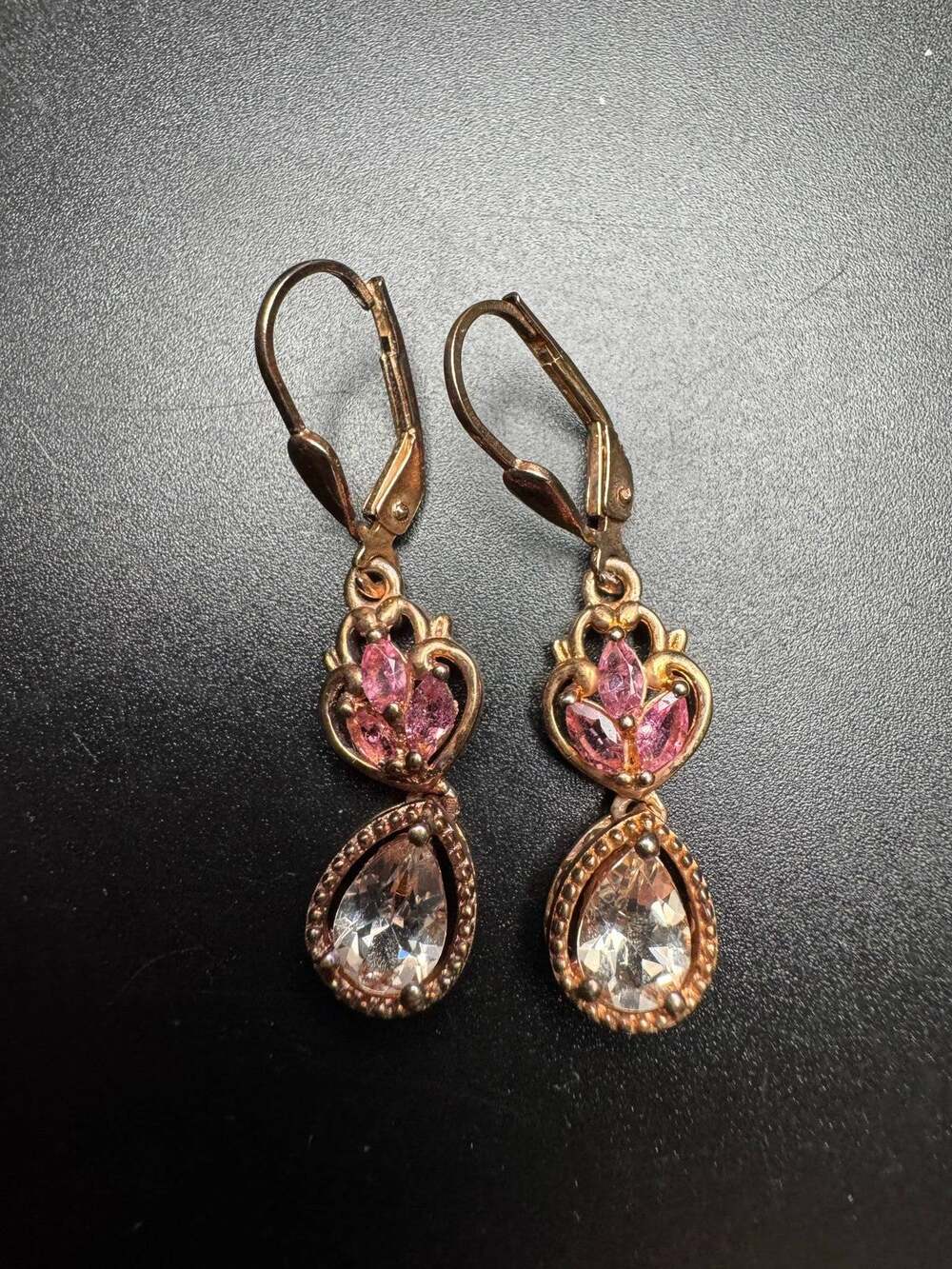 STS 925 Sterling Silver Rose Gold Tone Pink Clear Teardrop Leverback Earrings